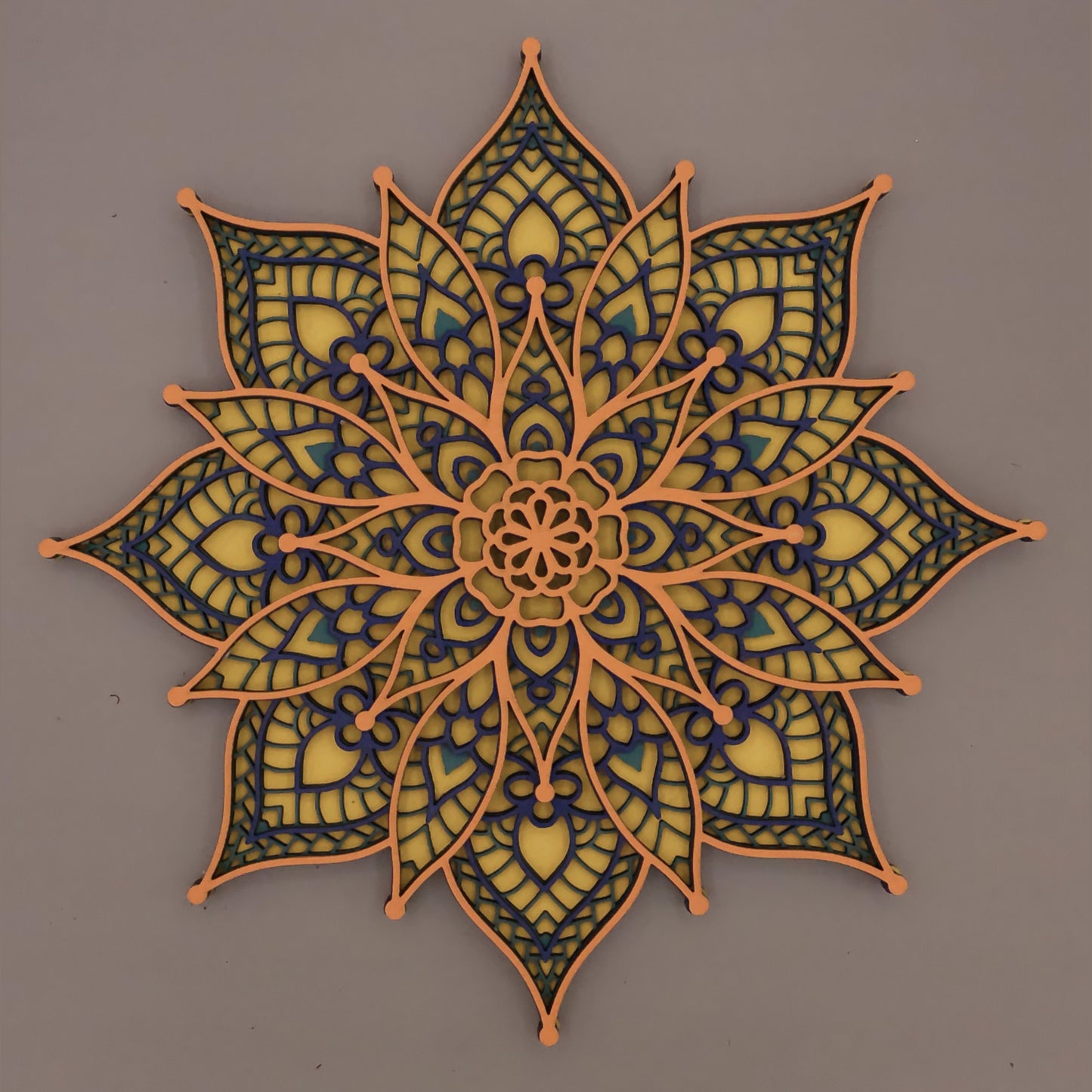 11.5' 8 Point 4 Layered Star Mandala in Orange Blue and Yellow
