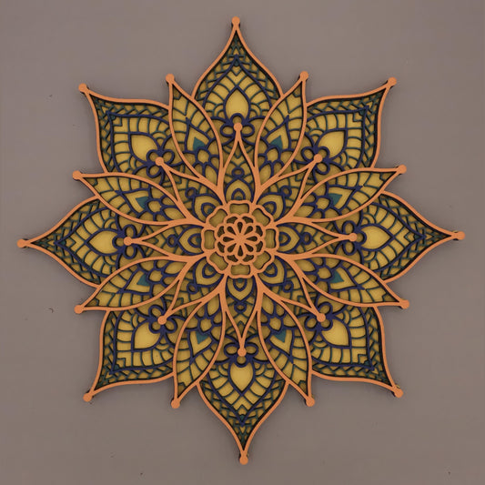 11.5' 8 Point 4 Layered Star Mandala in Orange Blue and Yellow