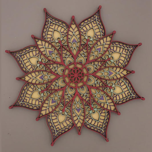 11.5" - 8 Point Star Layered Mandala in Red Green and Yellow