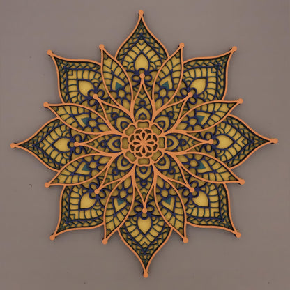11.5' 8 Point 4 Layered Star Mandala in Orange Blue and Yellow