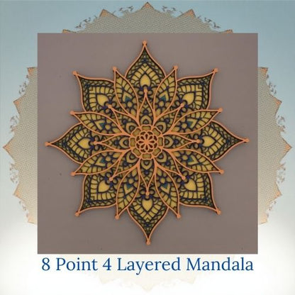 11.5' 8 Point 4 Layered Star Mandala in Orange Blue and Yellow