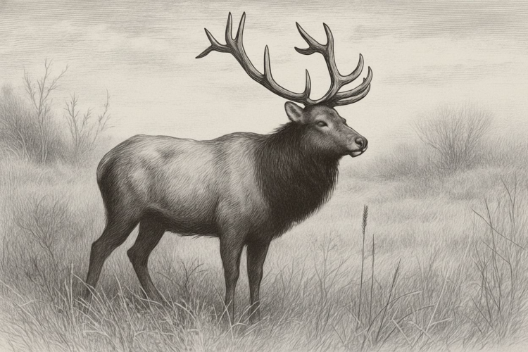 Bull Elk in the Meadow side view