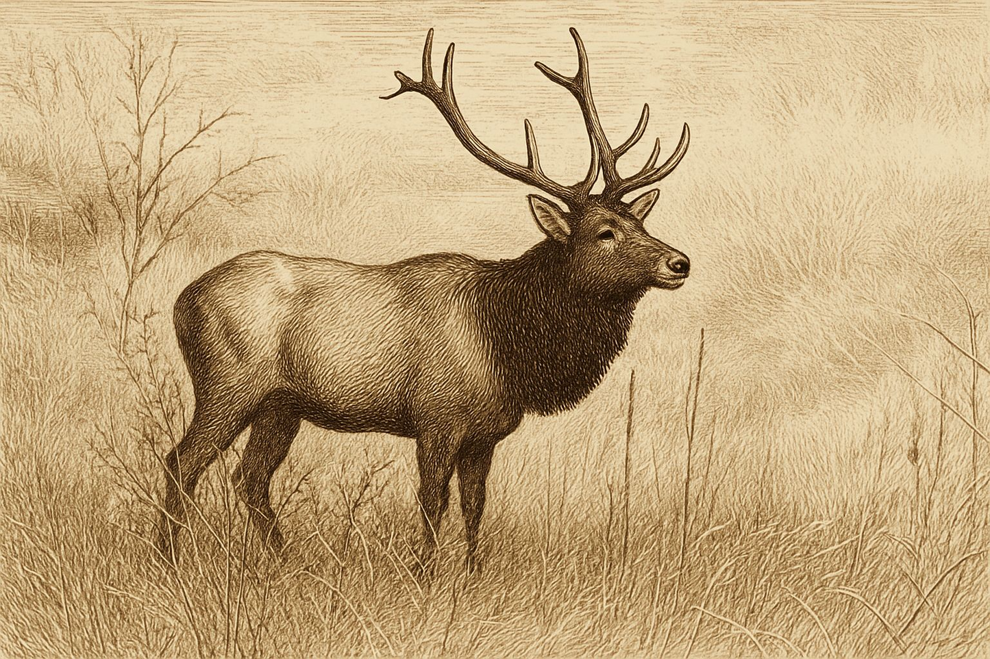 Bull Elk in the Meadow side view