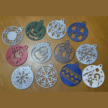 Set of 12 each 3.5" 3mm Precision Cut Birchwood Ornaments in Glitter Finish 25% Off
