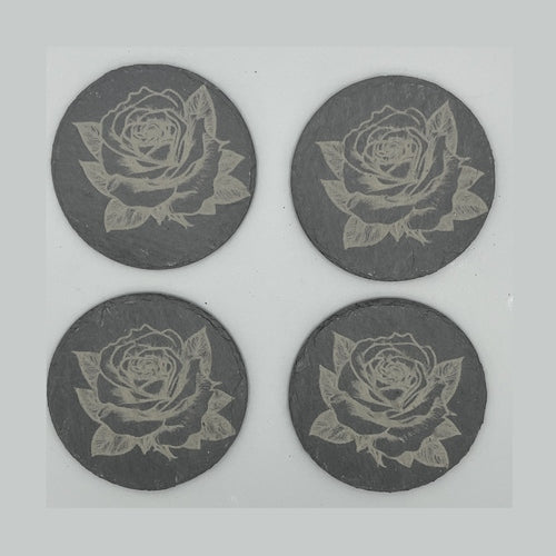 4" Round Slate Rose Engraved Coaster - Set of 4