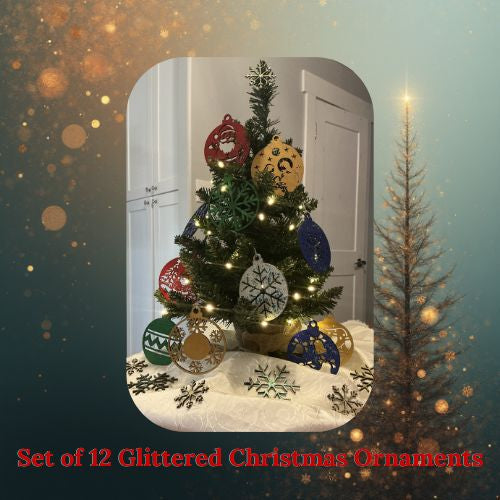 Set of 12 each 3.5" 3mm Precision Cut Birchwood Ornaments in Glitter Finish 25% Off